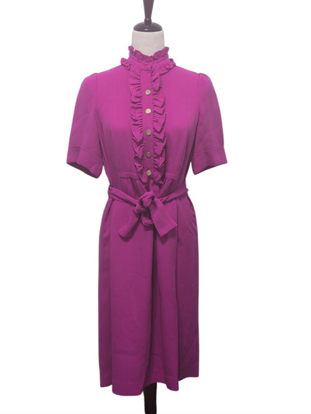 CH Carolina Herrera‎ 100% Silk Fuchsia Ruffle Trim Midi Shirt Dress Size 8